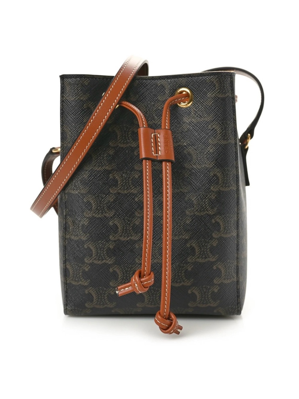 Celine Brown Monogram Drawstring Shoulder Bag with Tan Trim